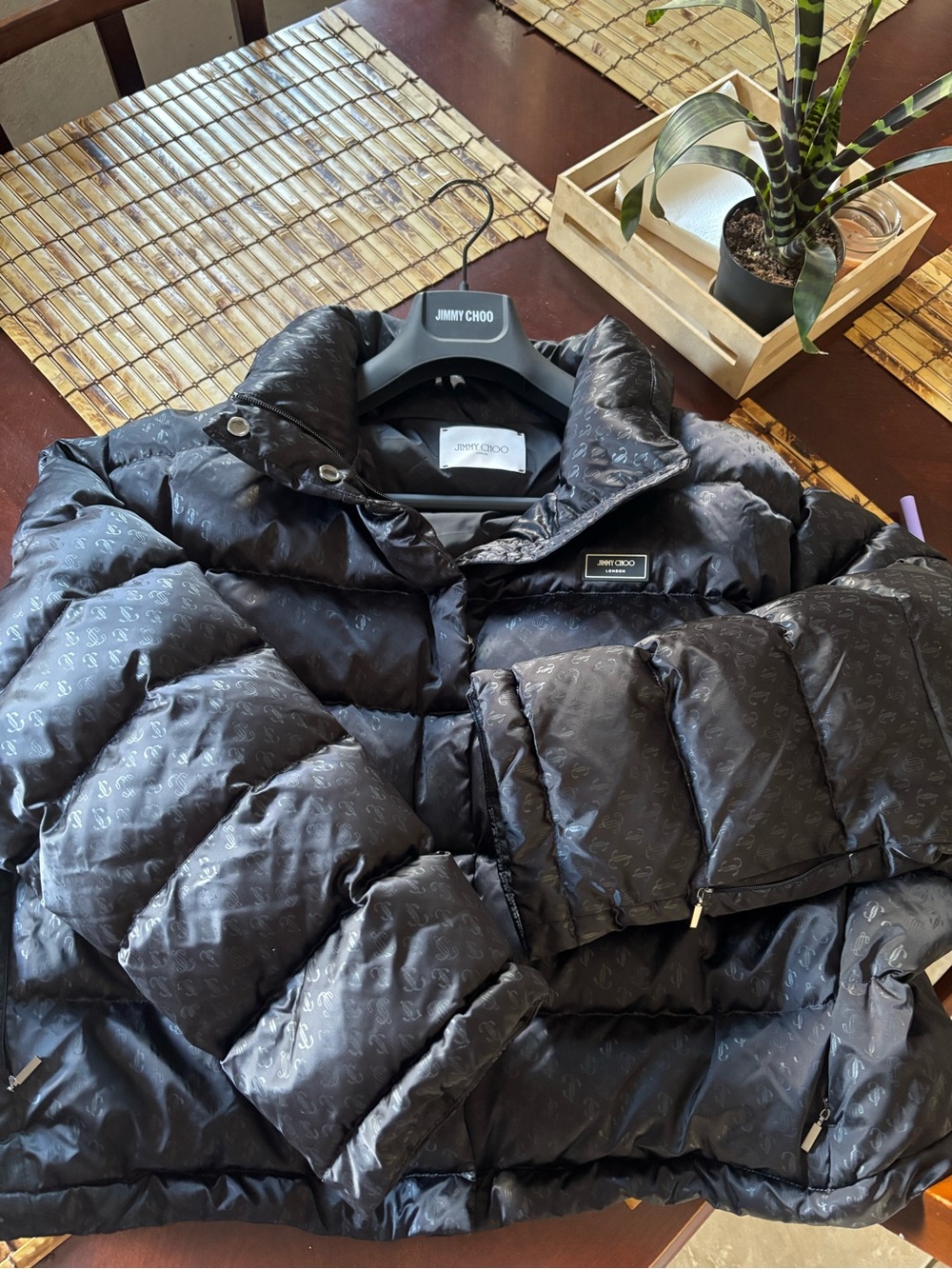 Jimmy Choo Black Monogram Quilted Puffer Coat